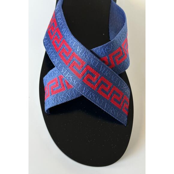 NIB Versace Greca Crisscross Blue/Red Slides Sandals 8.5 US (41.5 Euro) 1006273 - Picture 8 of 12